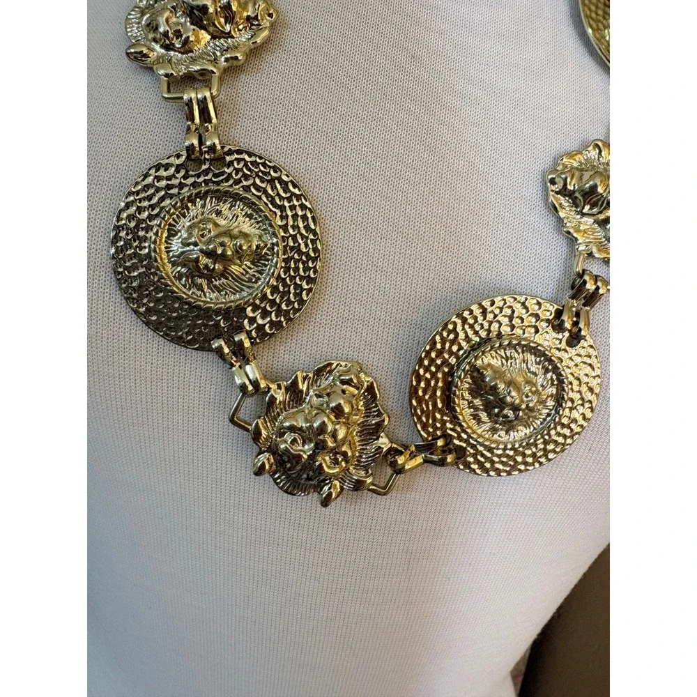 Vintage Gold Tone Lion Head Medallion Chain Belt Necklace Hammered Coin  36in